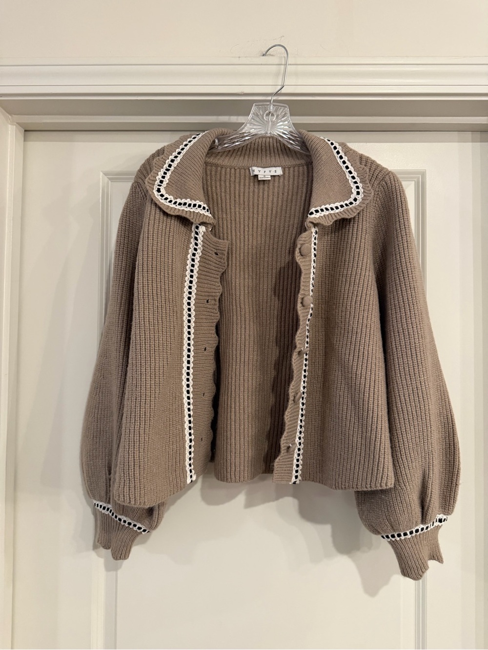 HYFVE Taupe Knit Cardigan with White Trim